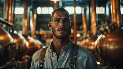 A distiller with a contemplative expression stands before copper stills in a distillery.