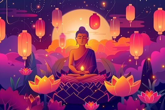 Serene Vesak Day Celebration Depicting Buddha in Meditation Under Moonlit Sky