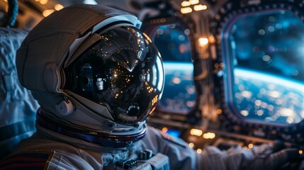 Naklejka premium Astronaut inside spacecraft overlooking earth