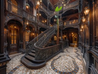 A large, ornate building with a staircase leading up to a balcony. The staircase is made of metal and has a green plant growing out of it. The building is dark and has a sense of grandeur and elegance