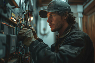 An electrician attentively works on wiring in a house's electrical panel.