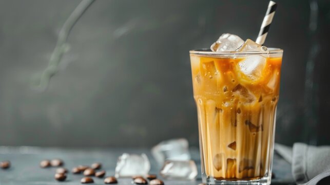 Homemade ice latte. Black coffee with ice and milk or cream in glass for tasty and refreshing break on grey kitchen background 