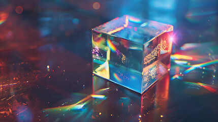 a transparent cube placed on a dark surface. The cube is illuminated, causing light to refract and create colorful spectrums along its edges and corners