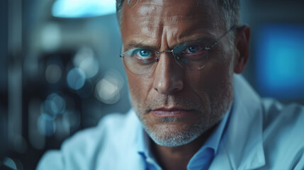Fototapeta premium Close-up of a focused male scientist examining samples in a lab.
