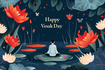 Buddhist Monk Meditating During Vesak Day Celebration With Vivid Florals - obrazy, fototapety, plakaty