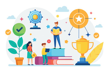 A man and a woman are standing on a stack of books, symbolizing success and learning together, Success and learning together, Simple and minimalist flat Vector Illustration