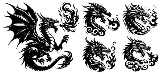 dangerous dragon, black vector silhouette shape, monochrome illustration for laser cutting and engraving, isolatet contour svg sketch design clipart, transparent background