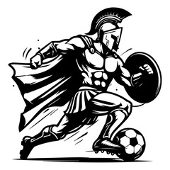 ancient greek spartan plays football soccer, black vector silhouette shape, monochrome illustration for laser cutting and engraving, isolatet contour svg sketch design clipart, transparent background