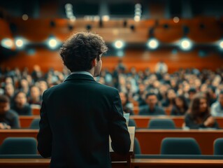 A man stands in front of a crowd of people, giving a speech. The audience is attentive and engaged, listening to the speaker. The man is dressed in a suit and tie, giving him a professional appearance