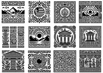 patterns, drawings, iconography, stamps, Greek decorations, black silhouette vector, shape print, monochrome clipart illustration, laser cutting engraving nocolor