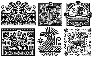 Mayan, Aztec and Incan patterns, drawings and primitive decorations, black silhouette vector, shape print, monochrome clipart illustration, laser cutting engraving nocolor