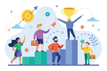 Fototapeta na wymiar A group of individuals standing on the highest points of a bar chart, symbolizing success and collaboration in business, Success together trending, Simple and minimalist flat Vector Illustration