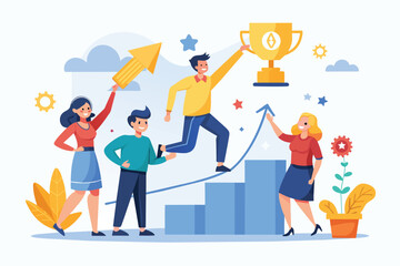 A diverse group of individuals standing together on a bar graph, symbolizing success and teamwork, Success together trending, Simple and minimalist flat Vector Illustration