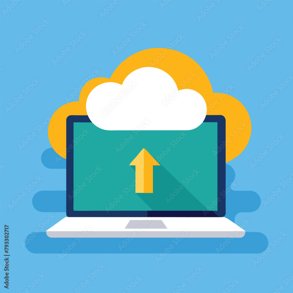 Poster laptop syncing data with cloud, synchronization of cloud data storage on a laptop, simple and minima