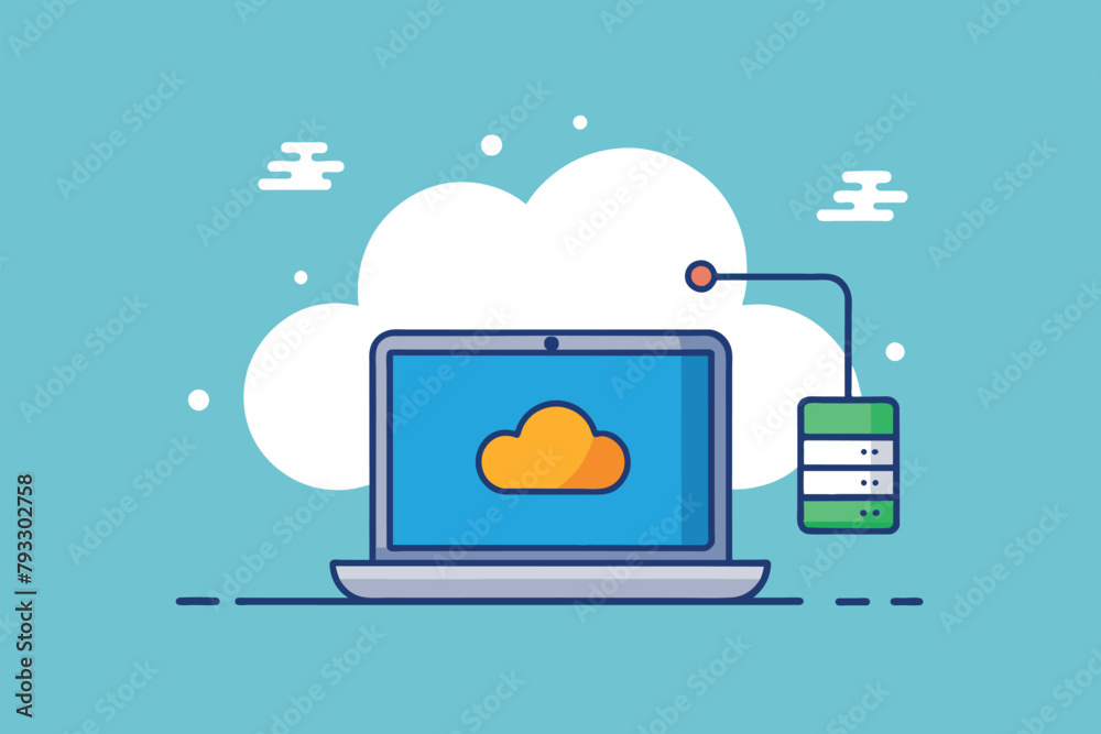 Poster a laptop displaying a cloud icon indicating synchronization with cloud data storage, synchronization