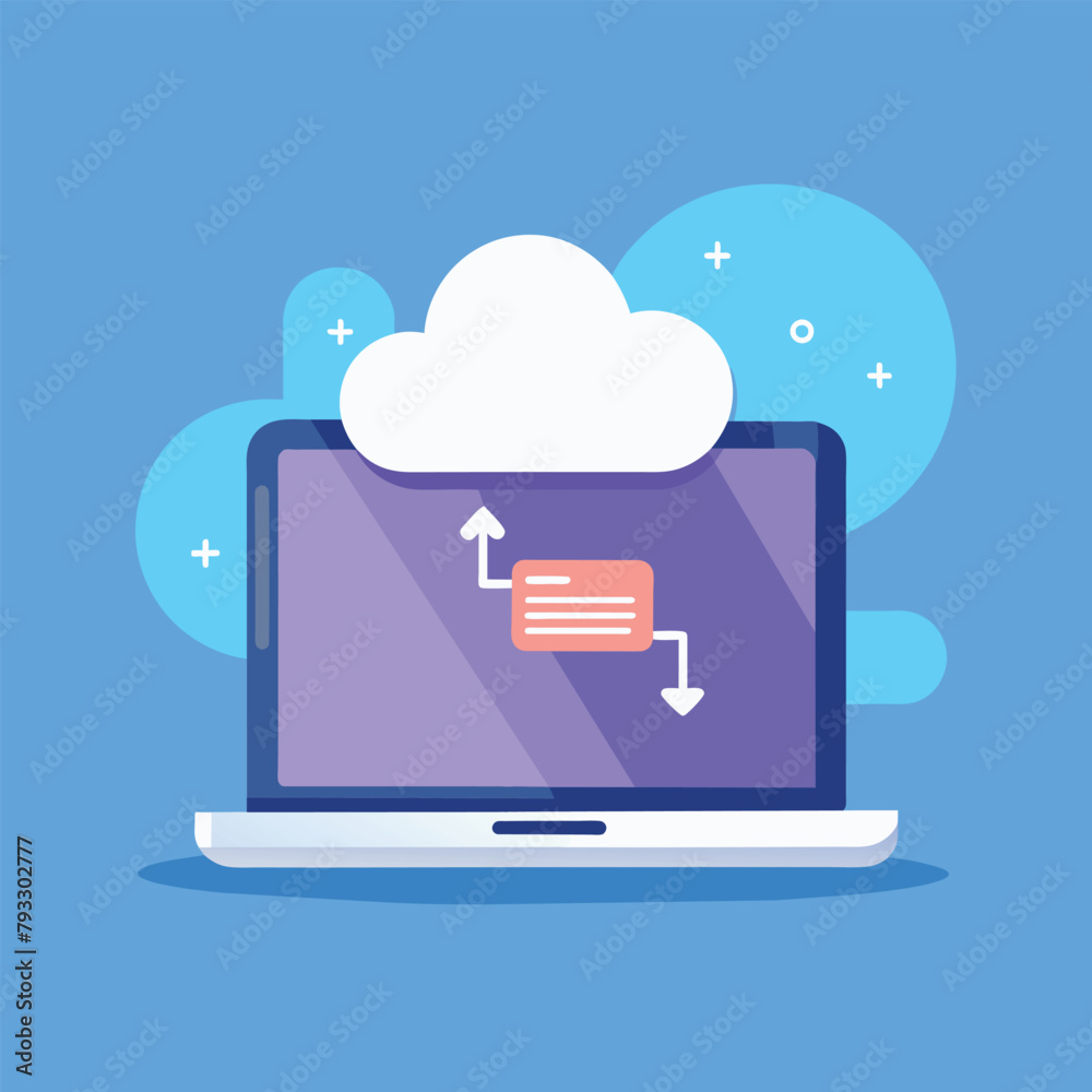 Poster laptop with cloud synchronization, synchronization of cloud data storage on a laptop, simple and min