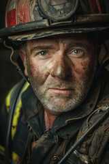 A man wearing a firemans helmet gazes directly at the camera in this close-up shot