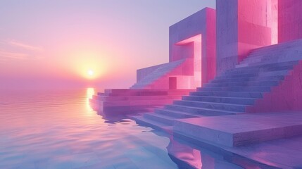Serene sunset at pastel waterfront steps - obrazy, fototapety, plakaty
