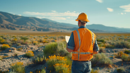 An engineer in a safety vest and helmet holding plans on a desert reclamation site.