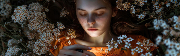 Fototapeta premium A woman wearing an orange dress is holding a cell phone