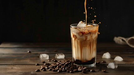 Pour coffee, iced latte into a glass. Add milk or cream along with roasted coffee beans. Set on a wooden table at a coffee shop on a dark black background.