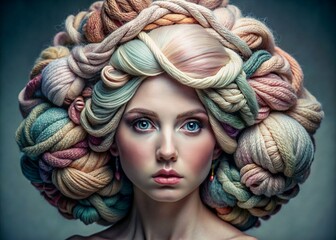 Beautiful woman in a yarn headdress. Yarn advertising. Beauty advertising for a sewing workshop, business card, wallpaper. Background made of colored yarn. Materials for needlework - 793303322