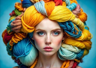 Beautiful woman in a yarn headdress. Advertising for a yarn store. Beauty, advertising for a sewing workshop, business card, wallpaper. Bright balls of thread close-up. Materials for needlework - 793303357