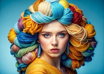 Beautiful woman in a yarn headdress. Advertising for a yarn store. Beauty, advertising for a sewing workshop, business card, wallpaper. Bright balls of thread close-up. Materials for needlework - 793303370