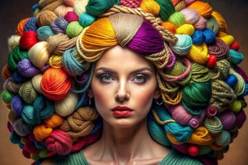 Beautiful woman in a yarn headdress Advertising for a yarn store. Beauty, advertising for a sewing workshop, business card, wallpaper. Bright balls of thread close-up. Materials for needlework - 793303502