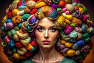 Beautiful woman in a yarn headdress Advertising for a yarn store. Beauty, advertising for a sewing workshop, business card, wallpaper. Bright balls of thread close-up. Materials for needlework - 793303519