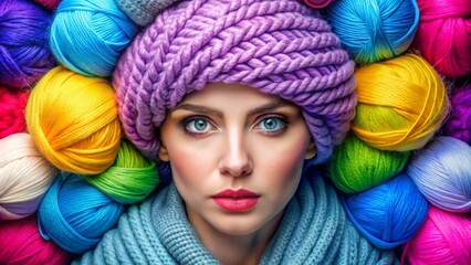 Beautiful woman in a yarn headdress Advertising for a yarn store. Beauty, advertising for a sewing workshop, business card, wallpaper. Bright balls of thread close-up. Materials for needlework - 793303563