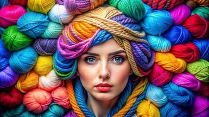 Beautiful woman in a yarn headdress Advertising for a yarn store. Beauty, advertising for a sewing workshop, business card, wallpaper. Bright balls of thread close-up. Materials for needlework - 793303572