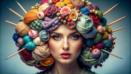 Creative portrait of a woman with knitting supplies for banner, business card and advertising. A girl's headdress made of babin with multi-colored threads. Sewing, knitting production - 793303765
