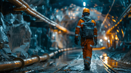 Engineer in reflective safety gear walking in an industrial tunnel with illuminated pipes.