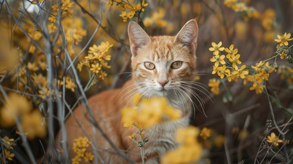 Fototapeta premium Yellow cats bloomed beautifully against the brown vertical natural backdrop