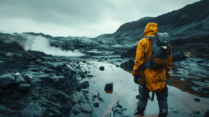 Person in yellow raincoat standing near steam vents in a volcanic landscape with rugged terrain. - Powered by Adobe