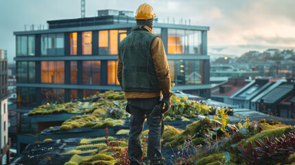 Engineer in hardhat standing on a roof with green plants at twilight, cityscape in the background.