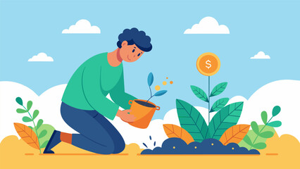 A person planting seeds in a garden representing the gradual growth and development of a strong financial plan. - obrazy, fototapety, plakaty