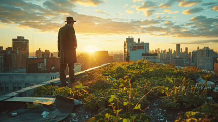 Engineer assessing a green rooftop garden at sunset with city skyline in the background.