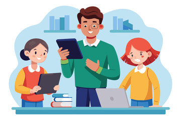 Fototapeta premium A man stands next to two girls while another man holds a tablet, possibly teaching or demonstrating something, Teachers use tablets to teach students, Simple and minimalist flat Vector Illustration