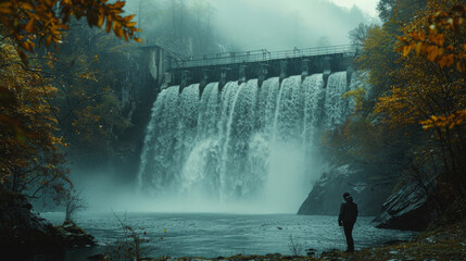Engineer standing near a large dam with flowing water amidst autumn foliage.