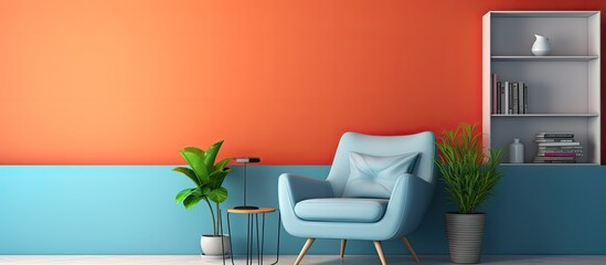 Blue and orange walls in a living room with a blue chair