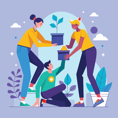 Teammates collaboratively hold a box containing a plant, working together on a task, Teammates help with work, Simple and minimalist flat Vector Illustration