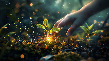 Fototapeta premium a magical scene where a small plant with radiant leaves emerges from the ground, surrounded by an ethereal glow