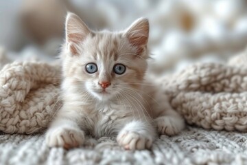 A cute smiling white kitten looks at the camera on a light background.