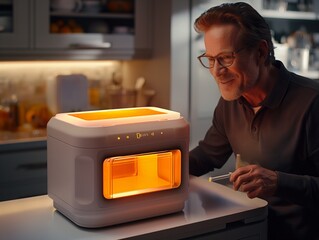 A man is sitting at a table with a device in front of him. He is smiling and he is enjoying himself. The device is a toaster oven, and it is emitting a warm glow