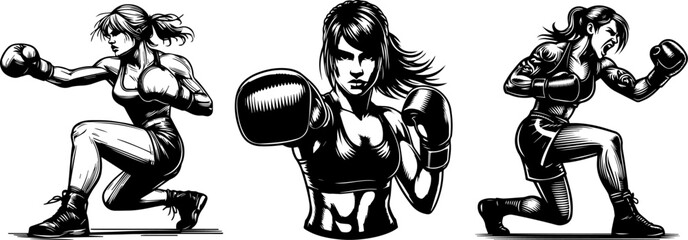 girl training boxing, fighter sport woman, black vector silhouette shape decorative clipart illustration