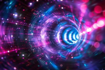 Abstract Vortex with Neon Lights, Digital Wormhole and Futuristic Tunnel, Light Trails in a Swirling Pattern, Blue and Pink Neon Sci-Fi Portal