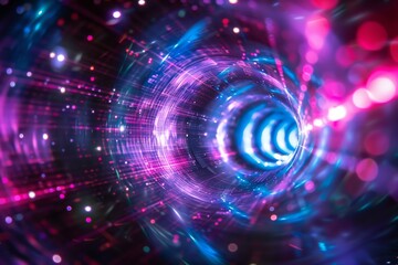 Obraz premium Abstract Vortex with Neon Lights, Digital Wormhole and Futuristic Tunnel, Light Trails in a Swirling Pattern, Blue and Pink Neon Sci-Fi Portal