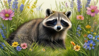 Abstract drawing illustration of raccoon in summer meadow among wild field flowers.